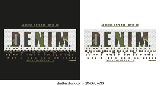Typografie der aktiven Generation stylisch für T-Shirt-Design mit Tarnung-Textur. Tee Shirt Design mit Camo und Slogan. Typografie-Grafiken für Bekleidung. Vektorgrafik.