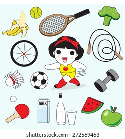 Active Girl With All Essentials For Healthy Life icon illustration set