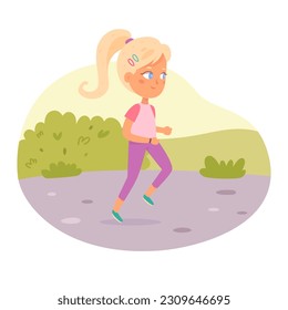 Active girl athlete running marathon vector illustration. Child runner jogging on road in park, side view and motion of young female sprinter training athletic sport exercises, endurance and energy.