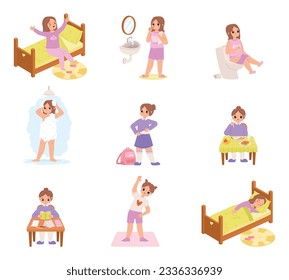 Active girl daily routine. Day schedule and activities kid, morning and evening. Everyday hygiene habits, dress up preschool snugly vector child