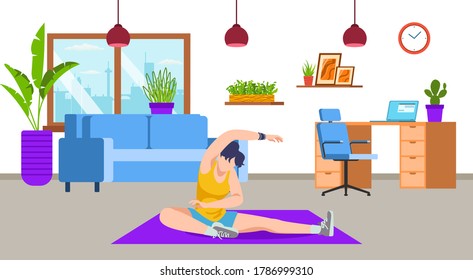 Active girl doing yoga, workout, sport exercise, fitness at home living room vector illustration. Sport activity and healthy lifestyle, training. Weight loss and sporty body, stretching at home woman.