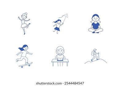 Active Girl Enjoying Hobbies- Reading,Dancing ballet,flying kite,meditating,skateboarding,hiking.