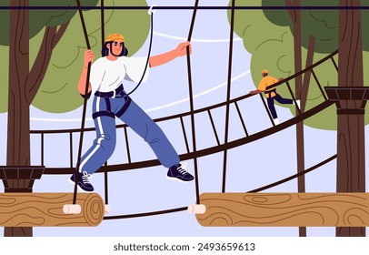 Active girl in helmet climbing in rope park. Young woman with belaying challenges obstacle course. Person walks on logs between trees. Extreme recreation, adventure in forest. Flat vector illustration