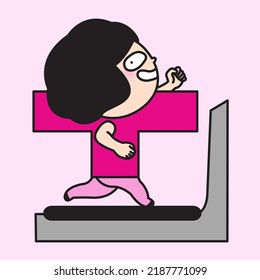 Active Girl In Pink Cross Symbol Body Running On A Treadmill. Healthy And Strong Concept Card Character illustration