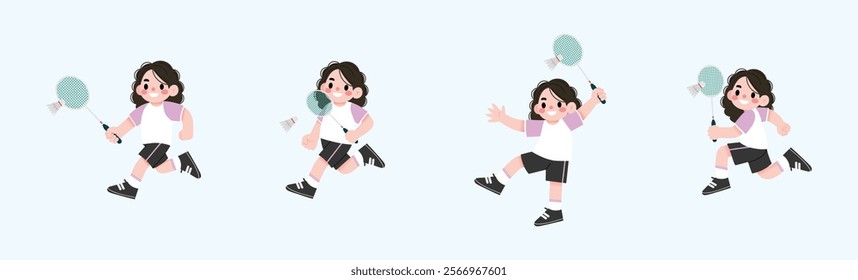 Active Girl Playing Badminton Cartoon Illustration of a Young Female Badminton Player in Motion