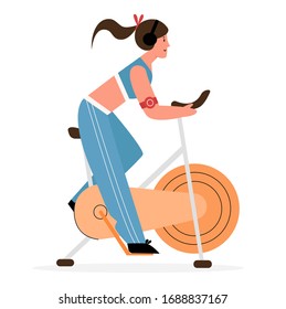 Active girl rides at exercise stationery bike flat vector illustration concept. Bicycle young woman doing spinning sport activities, home fitness healthy lifestyle concept