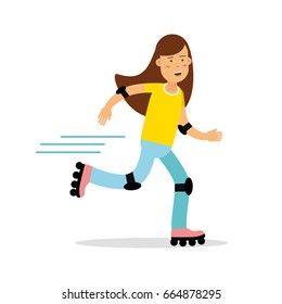 Active girl roller skating cartoon character, kids physical activities vector Illustration