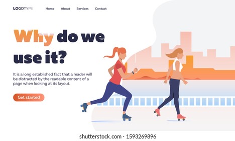Active girls roller skating on street. City, summer, youth flat vector illustration. Active lifestyle and sports concept for banner, website design or landing web page