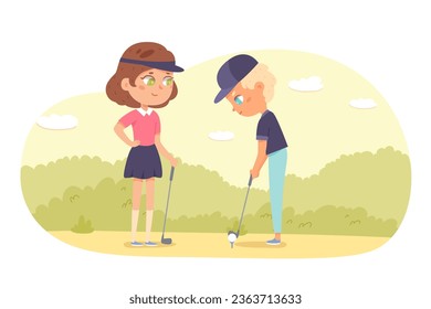 Active golf game of kids vector illustration. Cartoon isolated summer nature landscape scene with playing young golfers, girl and boy holding golf club to hit ball, school children golfing outdoor