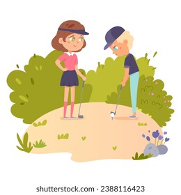 Active golf game of kids vector illustration. Cartoon isolated summer nature landscape scene with playing young golfers, girl and boy holding golf club to hit ball, school children golfing outdoor.