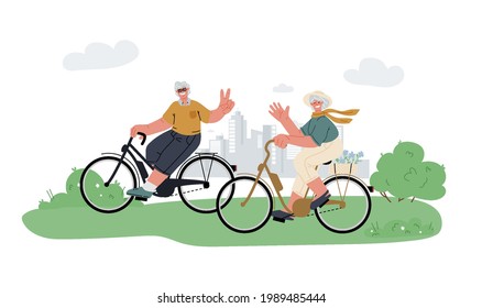 Active grandfather, grandmother ride e-bike in park.Time together in nature,relax.Active outdoor seniors life.Summer activity.Vector illustration.