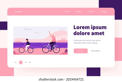 Active grandfather and grandson riding bikes together. Old man and boy cycling outdoors flat vector illustration. Lifestyle, activity, family concept for banner, website design or landing web page