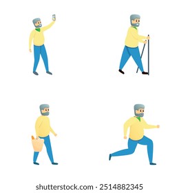 Active grandfather icons set cartoon vector. Smiling active old man. Healthy lifestyle