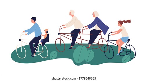 Active grandparents ride tandem bicycle with their children, grandchildren outdoors. Happy family spend time in park cycling, retirement. Flat vector cartoon illustration isolated on white background