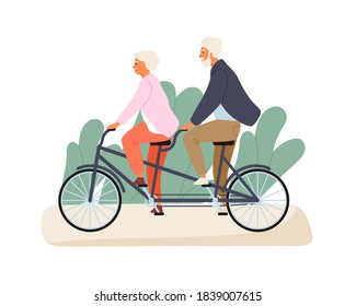 Active grandparents ride tandem bike in summer park. Elderly couple spend time together outdoors. Flat vector cartoon illustration of family recreation. Cheerful pensioners isolated on white