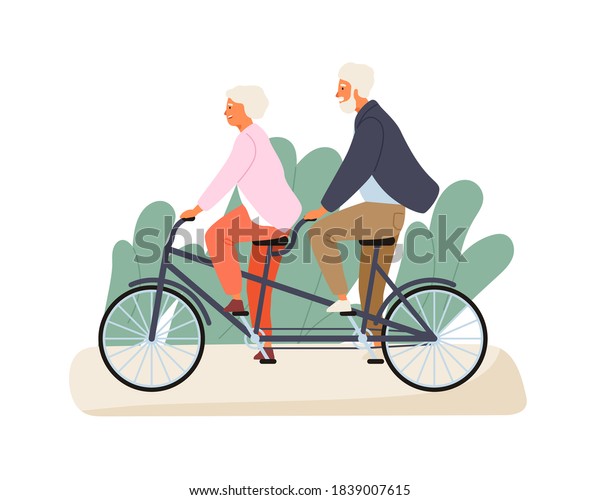 Active
grandparents ride tandem bike in summer park. Elderly couple spend
time together outdoors. Flat vector cartoon illustration of family
recreation. Cheerful pensioners isolated on
white