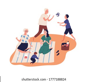 Active grandparents spend time with grandchildren at picnic. Family rest outdoors, play, drink juice, toddler on blanket. Retirement in flat vector cartoon illustration isolated on white background