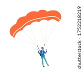 Active guy enjoying parachuting extreme sport vector flat illustration. Male skydiver practicing dangerous hobby with parachute isolated on white. Colorful parachutist with professional equipment