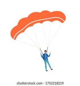 Active guy enjoying parachuting extreme sport vector flat illustration. Male skydiver practicing dangerous hobby with parachute isolated on white. Colorful parachutist with professional equipment