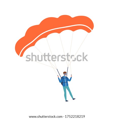 Active guy enjoying parachuting extreme sport vector flat illustration. Male skydiver practicing dangerous hobby with parachute isolated on white. Colorful parachutist with professional equipment