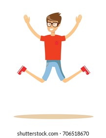 Active guy jumping in joy, isolated on white. Stock flat vector illustration.