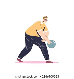 Active guy play bowling. Young man enjoy indoor activity at bowling club throwing ball, isolated on white. Hobby and entertainment concept. Cartoon flat vector illustration