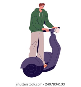 Active guy rides on electric scooter. Young man with glasses drives self balancing wheels with handle, walking in park. Urban eco transport, city vehicle. Flat isolated vector illustration on white