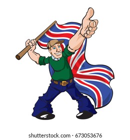 Active guy showing ok and handle a english flag