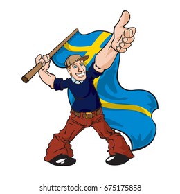Active guy showing ok and handle a Swedish flag