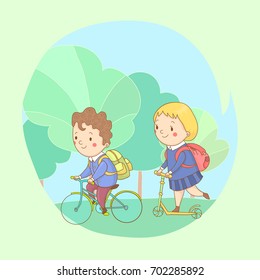Active hand drawn schoolchildren with backpack on bike, scooter ride to school. Vector illustration of kids in uniforms with back pack on bicycle and scooter. Kids activity. Pupils with rucksacks.