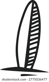 An active hand-drawn single icon of a windsurf board standing on the sand, representing beach sports and windsurfing activities.