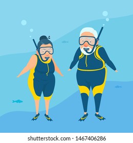 An active happy elderly couple doing snorkeling. Underwater background. Grandma and grandpa in a snorkel suit. Extreme sport. Vector cartoon flat style illustration.