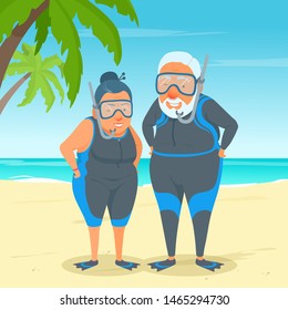 An active happy elderly couple standing on beach sand. Sunny day leisure. Grandma and grandpa in a snorkel suit. Tropical vacation traveling. Extreme sport. Vector cartoon flat style illustration.