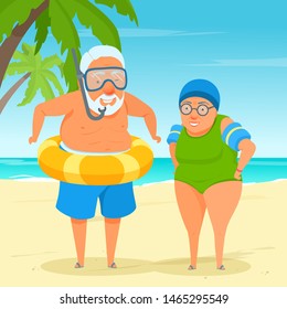 An active happy elderly couple standing on beach sand. Sunny day leisure. Cute grandma and grandpa. Tropical vacation traveling. Vector cartoon flat style illustration.