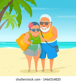 An active happy elderly couple standing on beach sand. Sunny day. Cute grandma and grandpa. Tropical vacation traveling. Vector cartoon flat style illustration.