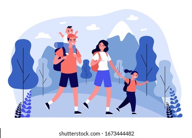 Active happy family travelling together in mountains flat vector illustration. Father, mother and children hiking and camping with backpack at nature. Trip and holiday concept.