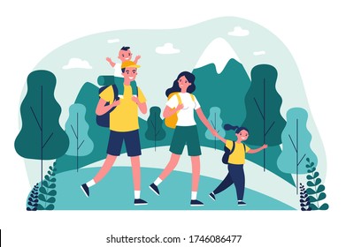 Active happy family travelling together in mountains flat vector illustration. Father, mother and children hiking and camping with backpack at nature. Trip and holiday concept.