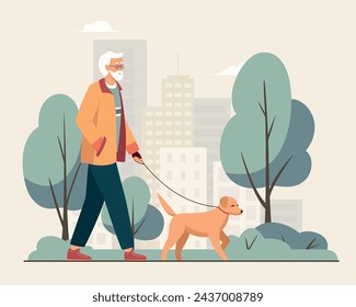 Active happy gray-haired bearded  elderly man walking his dog in the city park. Healthy men lifestyle. Elder grandfather walking park. Vector illustration