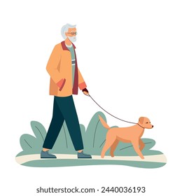 Anciano activo, alegre, barbudo y canoso paseando a su perro por el parque. Estilo de vida de hombres sanos. El abuelo mayor caminando por el parque. Ilustración vectorial aislada en blanco