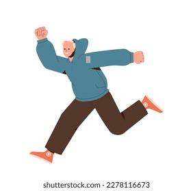 Active happy man jumping in air and skipping. Cartoon guy feeling positive emotions and joy. Young adult male character in good mood with smile on face running fast to success. Vector illustration