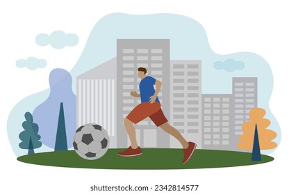 Active happy man playing football in the street.
 Playing football in the backyard. Soccer ball on green grass. The concept of a healthy sports lifestyle. Active lifestyle. Flat vector illustration