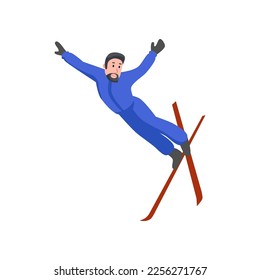 Active happy man skiing illustration. Male character with skiing equipment jumping cartoon vector illustration. Winter activities concept