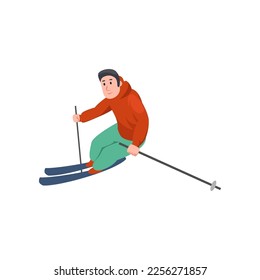 Active happy man skiing vector illustration. Male character with skiing equipment jumping cartoon vector illustration. Winter activities concept
