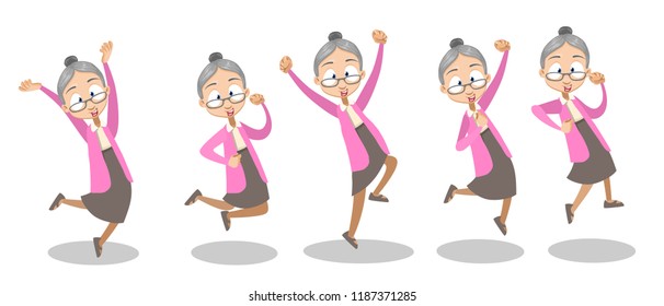 Active and happy old lady in pink sweater and gray skirt jumping, Flat vector illustration