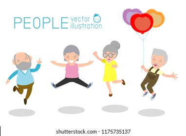 Active and happy old senior couple jumping, Group of elderly people jumping together, cartoon old people dancing with joy,flat vector illustration