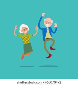 Active and happy old senior couple jumping, flat vector illustration