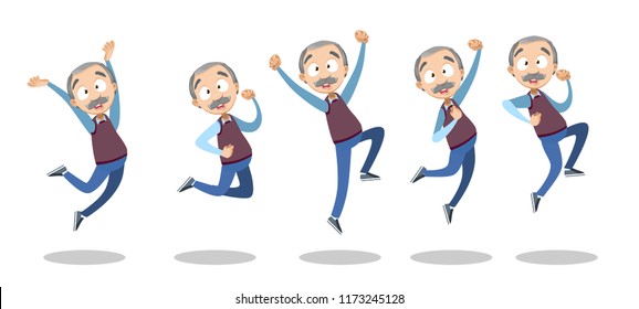 Active and happy senior elder male jumping, Flat vector illustration