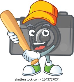 An active healthy digital camera mascot design style playing baseball