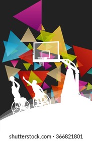 Active healthy disabled men basketball players in a wheelchair detailed sport concept silhouette illustration background vector