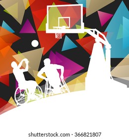 Active healthy disabled men basketball players in a wheelchair detailed sport concept silhouette illustration background vector